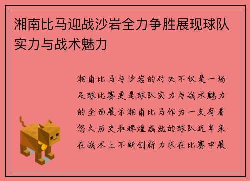 湘南比马迎战沙岩全力争胜展现球队实力与战术魅力
